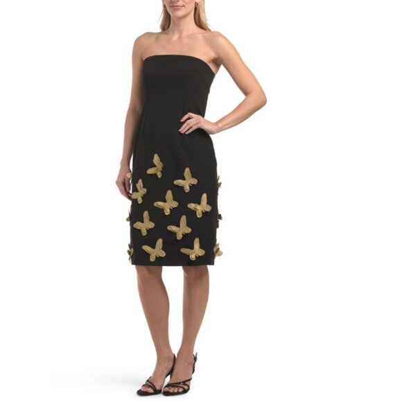 DALIA MACPHEE Black Strapless Mini Dress With Gold Tone Butterflies - Picture 1 of 2